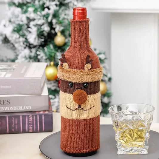 Cute Handmade Christmas Sweater Wine Bottle Cover,for Christmas Decorations XMAS Gifts Navidad 2023 Party Decorations DeepSapphire