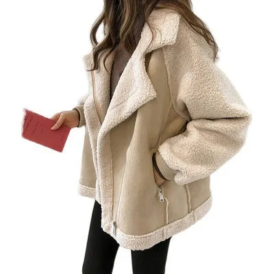 Winter 2023 New Loose Fur Integrated Coat Women's Short Lamb Fleece Motorcycle Jacket Beige-XXXL